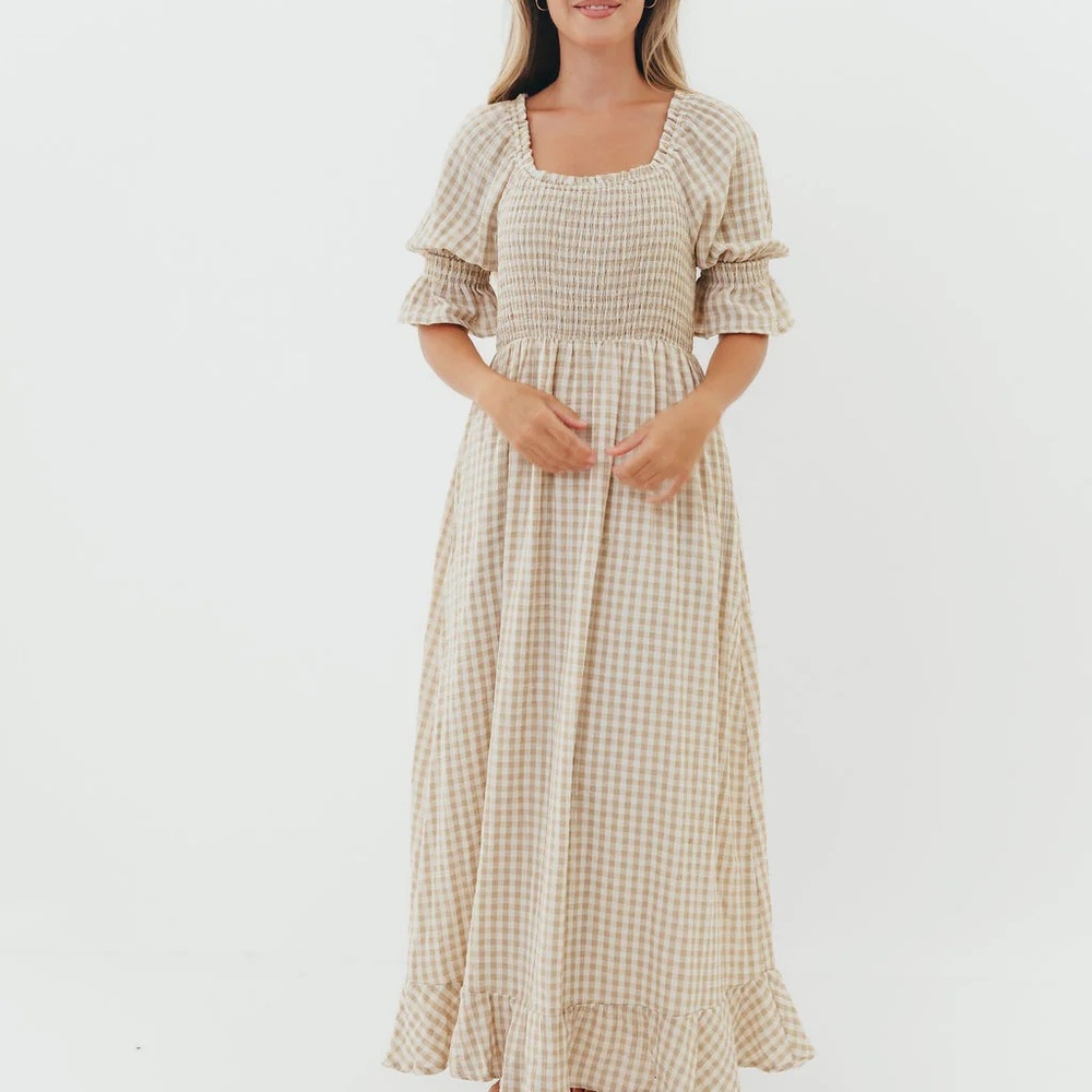 Worth Collective Puff Sleeve Natural Cotton Beige Gingham Maxi Dress
